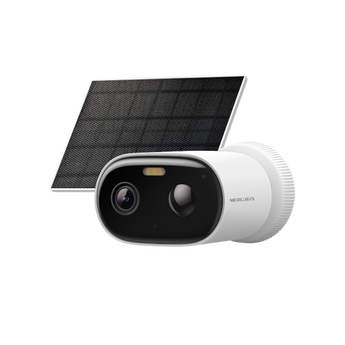 Mercusys MC410 KIT. Câmara Solar Sem Fios. Resolução 2K (3MP). Visão Noturna a Cores. Bateria 5200 mAh + Painel Solar. Wi-Fi Dual-Band (2.4/5GHz). Deteção de Pessoas AI. Armazenamento até 512GB. - MC410 KIT