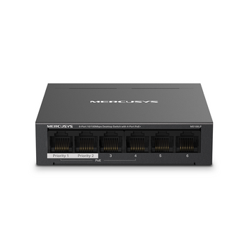 Switch de secretária da Mercusys com 6 portas 10/100Mbps. O MS106LP oferece 4 portas PoE+ (40W), modo de longo alcance (250m) e recuperação automática PoE. - MS106LP
