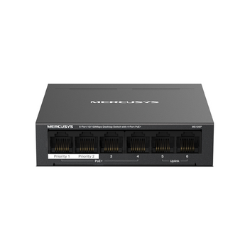 Switch de secretária da Mercusys com 6 portas 10/100Mbps. O MS106P oferece 4 portas PoE+ (67W), modo de longo alcance (250m) e recuperação automática PoE. - MS106P