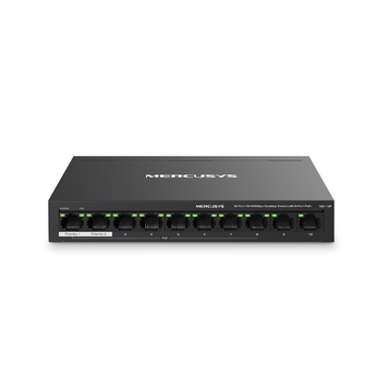 Switch 10 Portas Mercusys MS110P. 8 Portas PoE+ (65W) + 2 Uplinks. Modo Extend (250m), Isolamento e PoE Auto Recovery. Caixa metálica. Ideal p/ CCTV. - MS110P