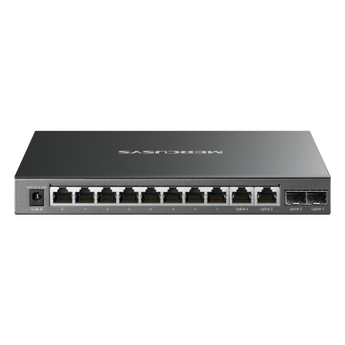 Switch Mercusys MS112GMP. 8 portas Gigabit PoE+ (110W total), 2 portas Gigabit RJ45 e 2 slots SFP. Modos Extend (250m), Isolation, Priority e PoE Auto Recovery. - MS112GMP