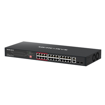 Switch Mercusys MS126CP. 24 portas 10/100 Mbps PoE+ (295W) e 2 portas Uplink Combo Gigabit (RJ45/SFP). Modos Extend (250m), Isolation e PoE Auto Recovery. - MS126CP