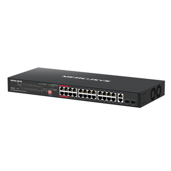 Switch PoE+ Gigabit Mercusys MS128GP. 24 portas PoE+ (295W Total), 2x Uplinks RJ45 e 2x SFP. Modos Extend, Priority e Isolamento. Rackmount. PoE Auto Recovery. - MS128GP
