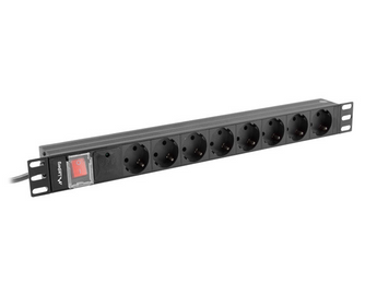 Régua PDU 19" 1U Lanberg. 8 tomadas Schuko (Tipo F), 16A, 4000W. Com fusível automático, proteção contra sobretensão e cabo de 2m. - PDU-08F-0200-BK