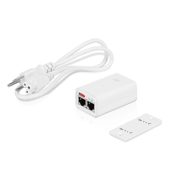 Injetor Power over Ethernet (PoE) de 24V, 0.3A (7W) da Ubiquiti. Com porta Gigabit, proteção contra surtos e capacidade de reset remoto. Cor: Branco. - POE-24-7W-G-WH