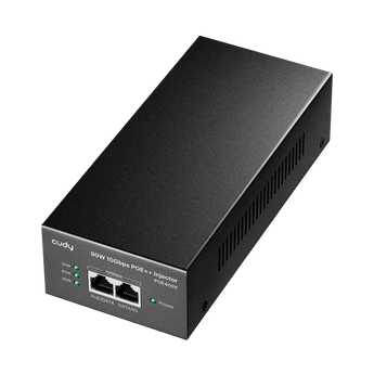 Injetor PoE++ de 90W da Cudy para redes Multi-Gigabit (10G/5G/2.5G). O POE400X oferece proteção contra surtos, caixa de metal e indicadores LED de potência. - POE400X