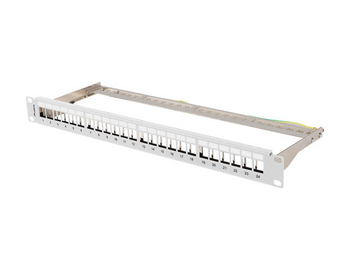 Patch panel 1U Lanberg PPKS-0924-S. 24 portas "em branco" para keystones blindados (FTP). Aço galvanizado. Inclui cabo de aterramento. - PPKS-0924-S