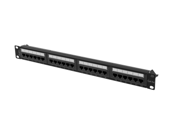 Patch Panel Lanberg de 24 portas Cat. 6A UTP. Tamanho 19" (1U), terminação LSA e gestor de cabos incluído. Ideal para redes 10GbE (RAL9004). - PPUA-1024-B
