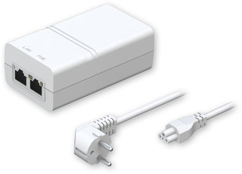 Injetor PoE passivo Gigabit Teltonika PR328EUB (Ficha EU). Fornece até 30W (24VDC) de potência, com porta Gigabit RJ45. Ideal para routers industriais e IoT.