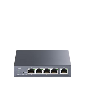 Cudy R700: router com cinco portas Gigabit e até quatro WAN, balanceamento de carga, ligação de reserva, VPN e firewall. Caixa metálica.