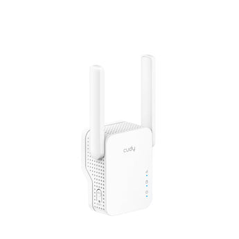 Cudy RE1200: repetidor Wi-Fi com 867 + 300 Mbps, duas antenas fixas, porta Ethernet 100M, indicadores de sinal e instalação direta na tomada.