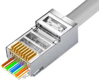 Conector RJ45 Cat6 Blindado (FTP). Design Pass-Through (Wire Cross) para fácil crimpagem e verificação. Contactos banhados a Ouro 50µm. Para cabo rígido. - RJ45C6FTP-PT
