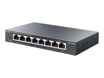 TP-Link RP108GE. Switch Reverse PoE Gigabit. 7 Portas de Entrada PoE (Alimentam o switch) + 1 Saída PoE. Saída DC 5V/12V para ONUs. Gestão Web (VLAN, QoS, IGMP). - RP108GE