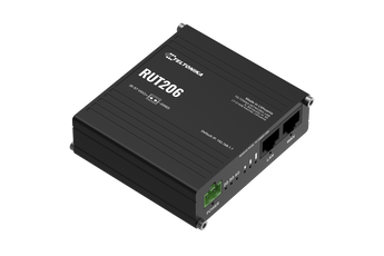 Roteador Industrial Teltonika RUT206 4G LTE Cat 4. Dual SIM, Wi-Fi, interfaces RS232/RS485 e suporte a protocolos industriais como Modbus e MQTT. Robusto e compacto. - RUT206010040
