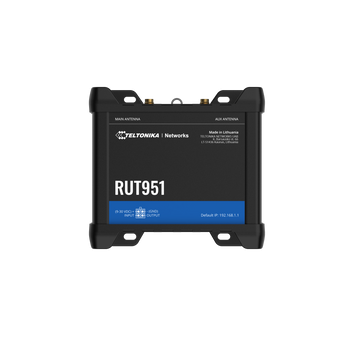Router industrial 4G LTE Cat 4 da Teltonika. O RUT951 oferece conectividade Dual SIM com failover automático, Wi-Fi, 4 portas Ethernet e a flexibilidade do RutOS. - RUT951000000