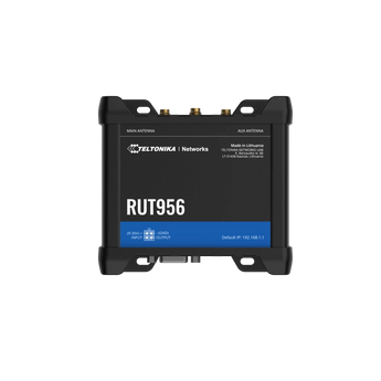 Teltonika RUT956. Router Industrial 4G LTE Cat 4. Dual SIM + eSIM. Interfaces RS232, RS485 e I/Os. GNSS (GPS) integrado. Wi-Fi e 4x Portas Ethernet. RutOS. - RUT956200000