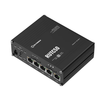 Router industrial 5G da Teltonika com velocidades até 3.4 Gbps. O RUTC50 oferece Wi-Fi 6, 5 portas Gigabit, Dual SIM + eSIM para a máxima fiabilidade. - RUTC5020B000