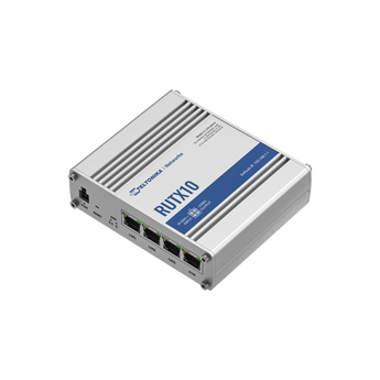 Router Industrial Teltonika RUTX10. Focado em Wi-Fi 5 (Wave 2) e Bluetooth 5.0. 4x GbE, RutOS (VPNs, Modbus, MQTT), I/O digital e caixa em alumínio (-40°C a 75°C). - RUTX10000000