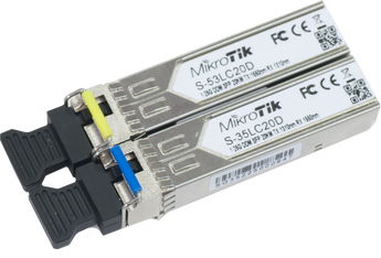 Kit de 2 módulos SFP WDM (BiDi) da MikroTik para ligações de 1.25G sobre uma única fibra. Alcance de 20km em Single-Mode. Ideal para duplicar a capacidade da sua fibra. - S-35-53LC20D