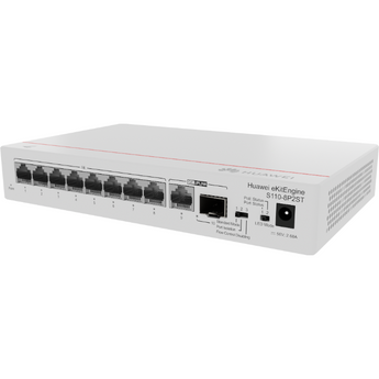 Switch de Acesso Huawei S110-8P2ST com 8 portas Gigabit Ethernet PoE+, 1 porta GE SFP e 1 porta GE RJ45 de uplink. Capacidade de 124W PoE total. - S110-8P2ST