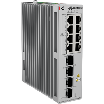 Switch industrial PoE+ da Huawei com 8 portas GbE, 2 portas SFP e 2 portas 10G SFP+. O S210I-8P4SX é fanless, com montagem DIN e alimentação DC redundante. - S210I-8P4SX