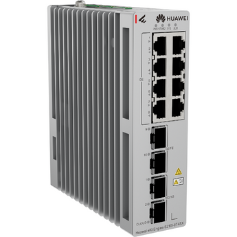 Switch industrial da Huawei com 8 portas GbE, 2 portas SFP e 2 portas 10G SFP+. O S210I-8T4SX é fanless, com montagem DIN e alimentação DC redundante. - S210I-8T4SX