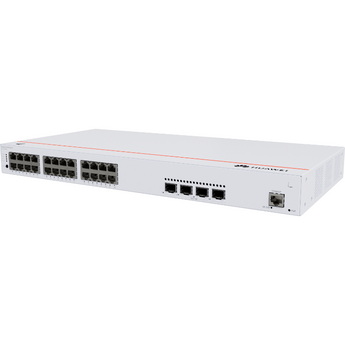 Switch de 24 portas Gigabit PoE+ da Huawei com 4 uplinks 10G SFP+. O S310-24P4X oferece um orçamento de potência de 400W e capacidade de empilhamento (stacking). - S310-24P4X