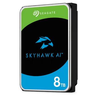 Disco Seagate SkyHawk AI ST8000VE001, 8TB SATA, firmware ImagePerfect AI, até 64 câmaras HD e 32 streams IA, 550 TB/ano e 3 anos de Rescue Data Recovery.