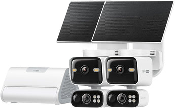 Kit de segurança TP-Link Tapo HB410. Inclui 2 câmaras Pan/Tilt Wi-Fi de 3MP com lente dupla, 2 painéis solares e o Tapo Hub H500 com IA e armazenamento expansível até 16TB.