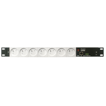 Unidade de Distribuição de Energia (PDU) inteligente Tinycontrol TCPDU para bastidores de 19". 7 tomadas, monitorização de consumo, Ethernet e portas para sensores.
