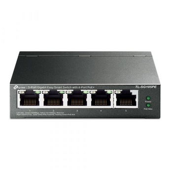 Switch Easy Smart TP-Link TL-SG105PE. 5 Portas Gigabit, 4 PoE+ (65W). Gestão Web/Utility, VLAN, QoS e PoE Auto Recovery. Caixa metálica Fanless. - TL-SG105PE