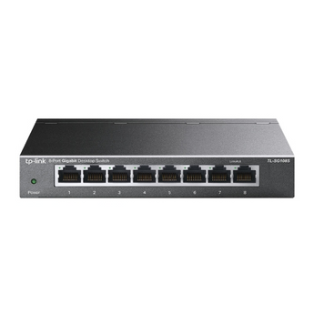 Switch TP-Link TL-SG108S. 8 portas RJ45 Gigabit (Plug and Play). Chassis em aço resistente e silencioso (Fanless). Suporta QoS, IGMP Snooping e Green Tech. - TL-SG108S