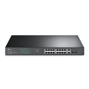 Switch TP-Link TL-SG1218MPE. 16 portas Gigabit PoE+ (250W), 2 portas RJ45 Gigabit e 2 slots SFP Combo. Gestão Web, QoS, VLAN e PoE Auto Recovery. - TL-SG1218MPE