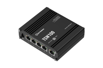 Teltonika TSW100. Switch Industrial Não Gerido. 5 Portas Gigabit (4x PoE+ 802.3at). Orçamento PoE 120W. Caixa de alumínio robusta. Operação de -40°C a 75°C. Montagem DIN-Rail. - TSW100010000