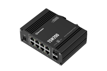 Teltonika TSW200. Switch Industrial Não Gerido. 8 Portas Gigabit PoE+ (Orçamento 240W). 2 Portas SFP. Suporte DIN-Rail Integrado. Operação de -40°C a 75°C. - TSW200000051