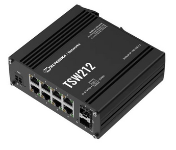 Switch industrial TSW212 da Teltonika. L2/L3, 8 portas GE, 2x SFP. Suporta PROFINET, EtherNet/IP, MRP. Robusto (IP30, -40°C a 75°C). - TSW212000000