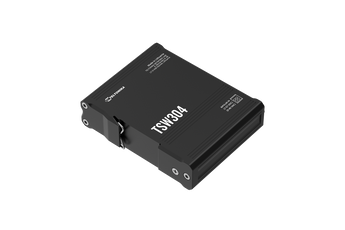 Teltonika TSW304. Switch Industrial de 4 portas Gigabit. Suporte de Calha DIN integrado na estrutura. Caixa de alumínio ultra-compacta. Alimentação 7-57VDC. Resistente a vibrações. - TSW304000010