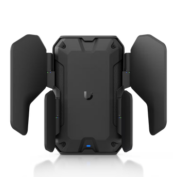 Ubiquiti U7 Industrial: ponto de acesso WiFi 7, IP67, 2,5 GbE e PoE. Cobertura indicada de 465 m², antenas configuráveis e montagem em parede ou poste.