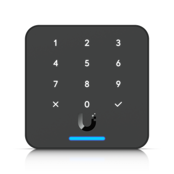 Leitor de acessos de 3ª geração da Ubiquiti em preto. O UniFi G3 Flex oferece acesso por NFC, PIN, App e Wallet. Resistente a intempéries (IP55). - UA-G3-FLEX-B