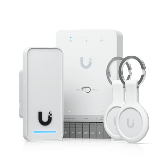 O kit "tudo-em-um" para iniciar com o UniFi Access. Inclui um leitor G3, um hub de porta mini e dois chaveiros, para a gestão segura de uma porta. - UA-G3-SK