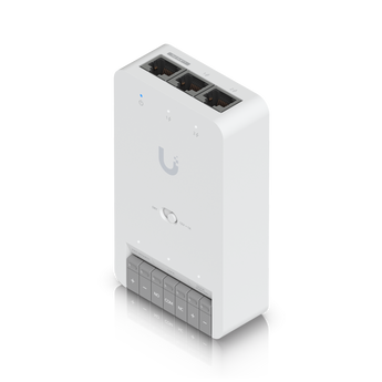 Hub de controlo de acessos da Ubiquiti para uma única porta. O UA-Hub-Door-Mini é alimentado por PoE++ e fornece saída PoE para um leitor e uma câmara. - UA-HUB-DOOR-MINI