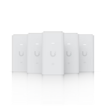 Pack de 5 adaptadores Ubiquiti UACC-ADAPTER-POE-24-12W-5: 24 V, 12 W e 0,5 A por unidade, conectividade 2,5 GbE e reposição remota.