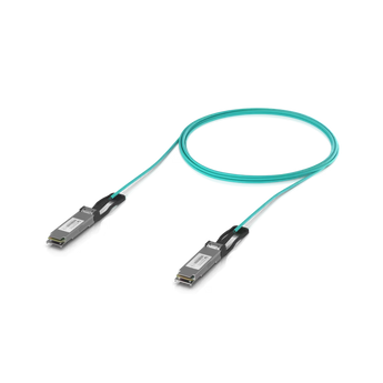 Cabo ótico ativo (AOC) Ubiquiti UACC-AOC-QSFP28-5M. Conectores QSFP28 a QSFP28, fibra OM3, taxa de dados até 100 Gbps e comprimento de 5 metros.