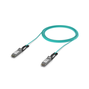 Cabo ótico ativo (AOC) Ubiquiti UACC-AOC-QSFP28-10M. Conectores QSFP28 a QSFP28, fibra OM3, taxa de dados até 100 Gbps e comprimento de 10 metros.