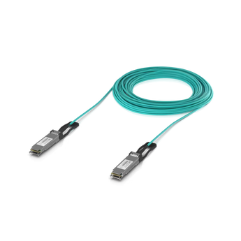 Cabo ótico ativo (AOC) Ubiquiti UACC-AOC-QSFP28-30M. Conectores QSFP28 a QSFP28, fibra OM3, taxa de dados até 100 Gbps e comprimento de 30 metros.