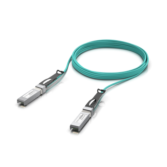 Cabo ótico ativo (AOC) multi-rate de 5m da Ubiquiti com módulos SFP28 integrados. Suporta 1/10/25G, ideal para ligações de longa distância entre racks. - UACC-AOC-SFP28-5M