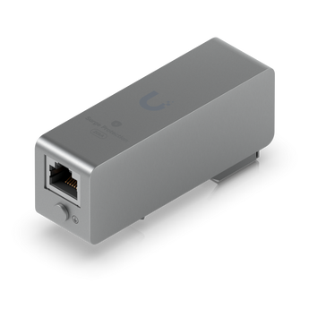 Protetor de surtos Ethernet da Ubiquiti para redes 10GbE e PoE++. Oferece proteção de 20kA e montagem versátil em parede ou calha DIN. - UACC-ETH-SP-DIN