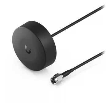 Antena GNSS ativa compacta Ubiquiti UACC-GNSS-ANTENNA com LNA de baixo ruído integrado. Proteção IP67, cabo de 5 metros e montagem em parede ou poste.