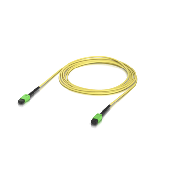 Cabo patch de fibra ótica single-mode OS2 da Ubiquiti. Conectores MPO-12 Type B APC, ideal para aplicações 100G. Revestimento LSZH amarelo seguro para indoor.