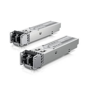 Crie uma ligação de fibra 1Gbps até 550m com este pack de 2 módulos SFP UniFi. Ideal para fibra multimodo (MMF) e compatível com switches UniFi e outros. - UACC-OM-MM-1G-D-2